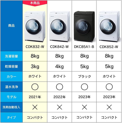 乾燥機能付きドラム洗濯機 洗濯機8kg 洗濯・乾燥3kg 幅59.5cm 【安心温水洗浄】毛羽立ち・シワとりコース 乾燥時間49%短縮 CDK832
